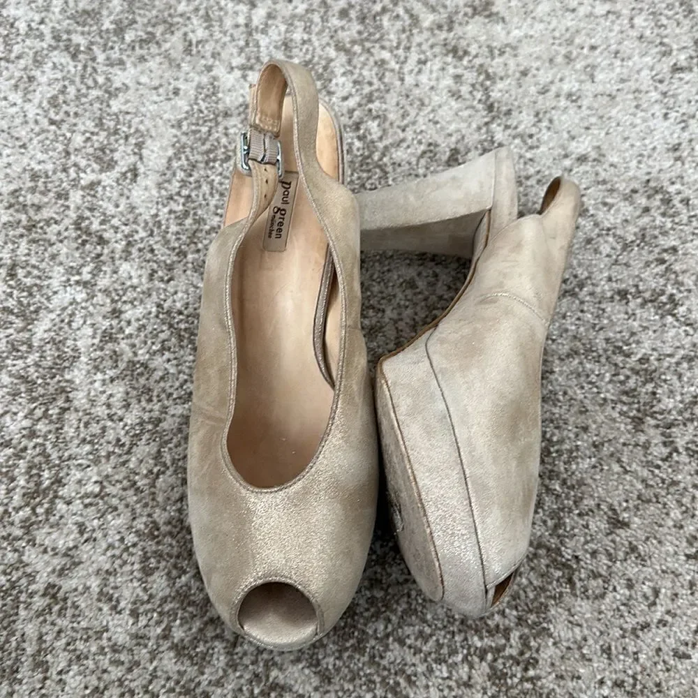 Paul Green Tan Leather Slingback Platform Heels 10